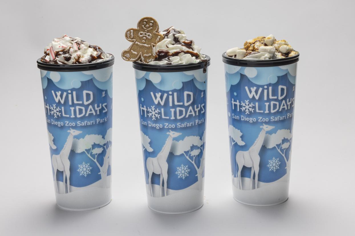 Three Wild Holidays cups with hot chocolates