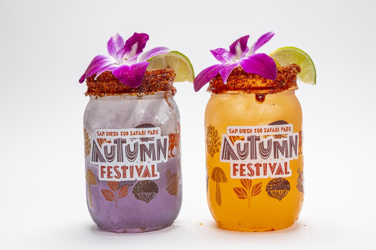 Purple and orange cocktails garnished with salt, lime, and purple flowers.