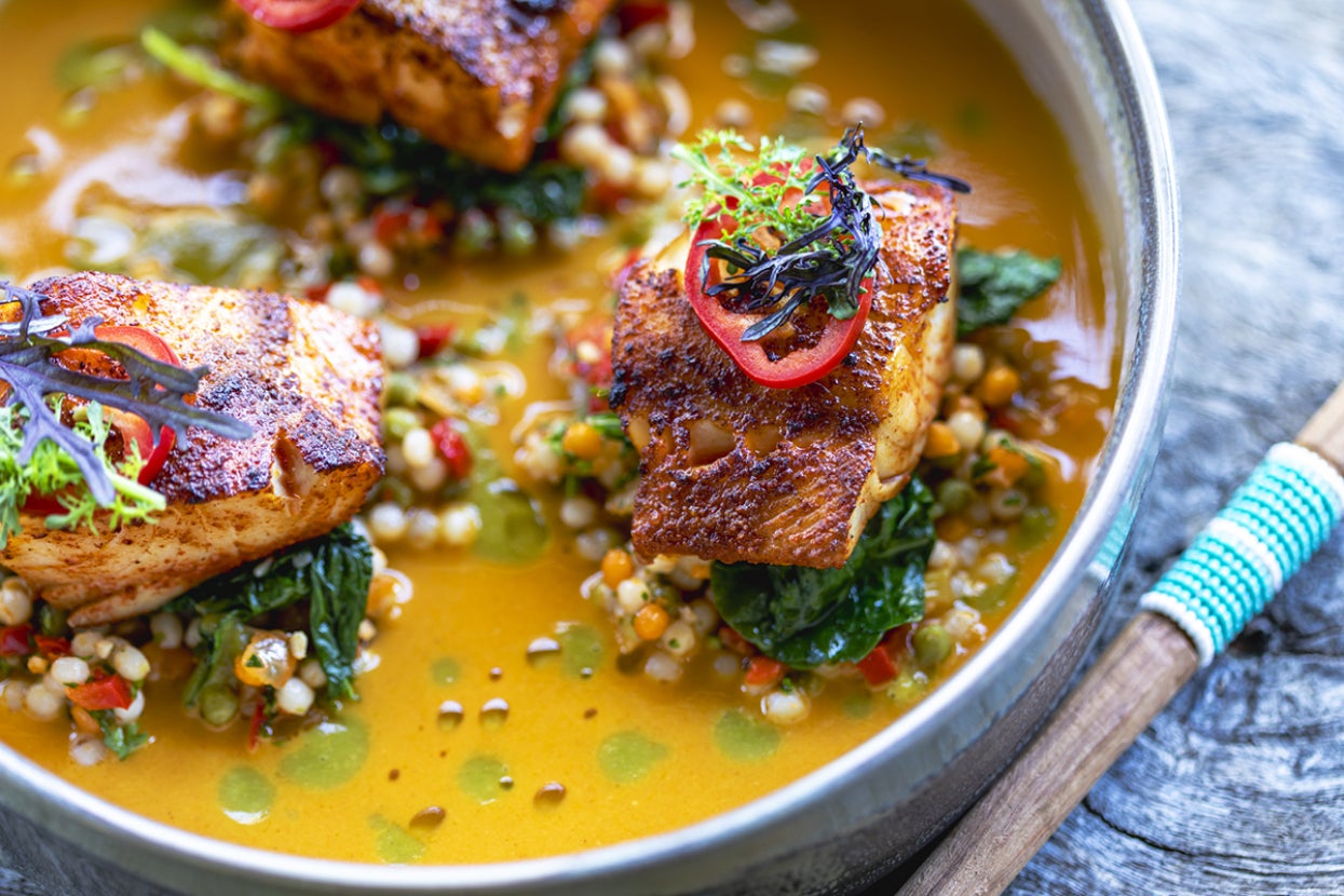 broiled cod with cous cous and curry