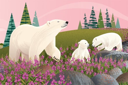 Polar bear and cubs with flowers
