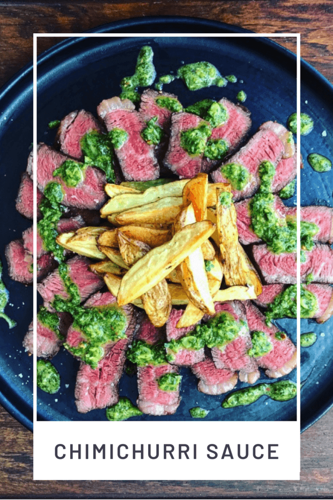 steak on a plate with chimichurri sauce