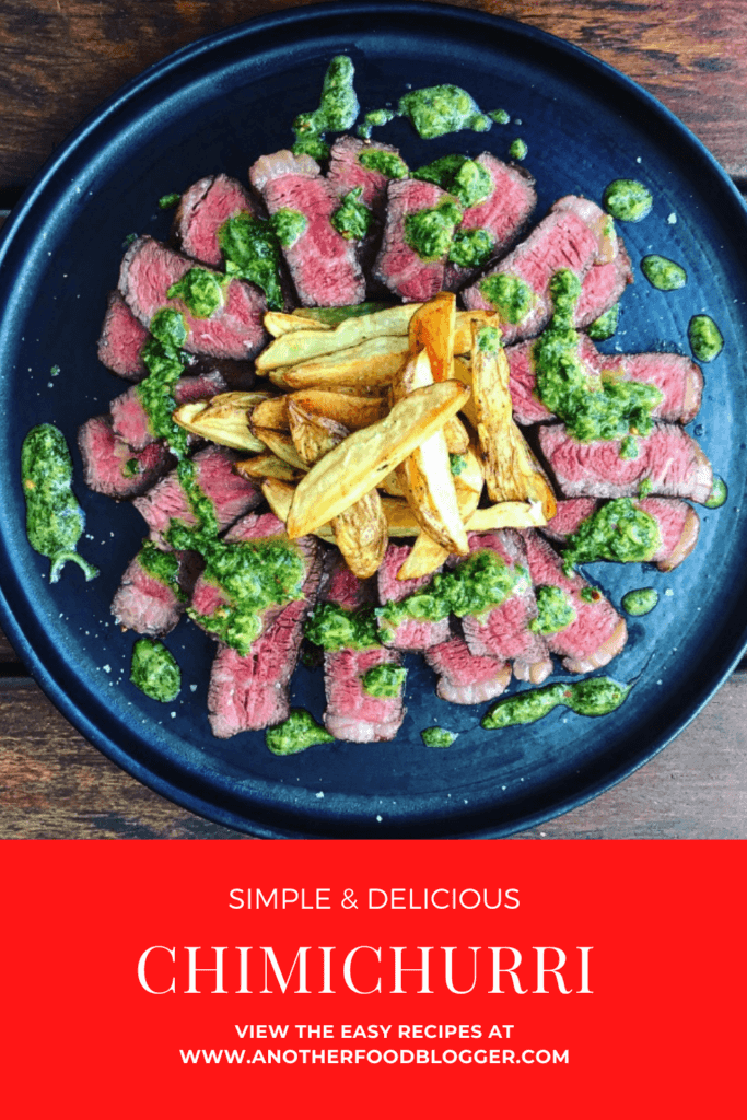 steak on a plate with chimichurri sauce