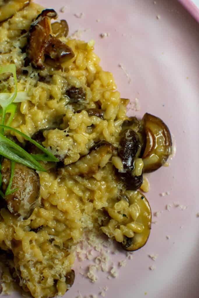 wild mushroom risotto on a pink plate