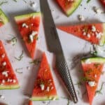 watermelon topped with togaroshi, mint & feta. Global GS-60 knife