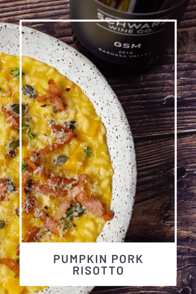 schwartz GSM wine and a bowl of pumpkin risotto