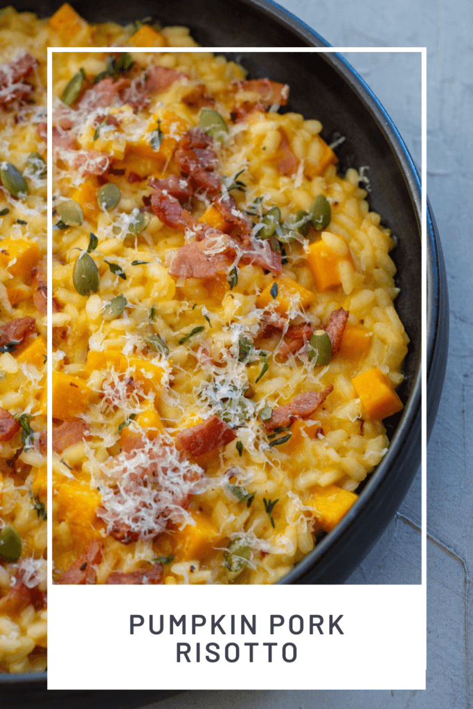 black bowl with pumpkin pork risotto in