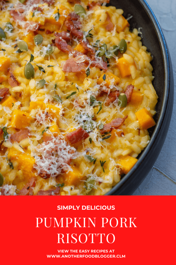 black bowl with pumpkin pork risotto in