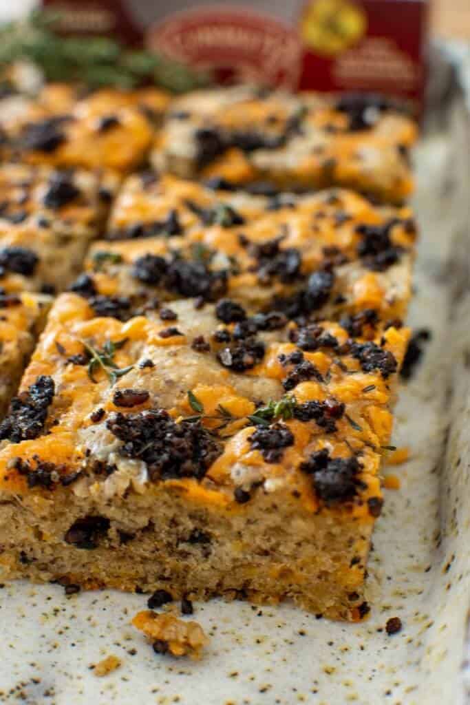 black pudding focaccia on a serving plate