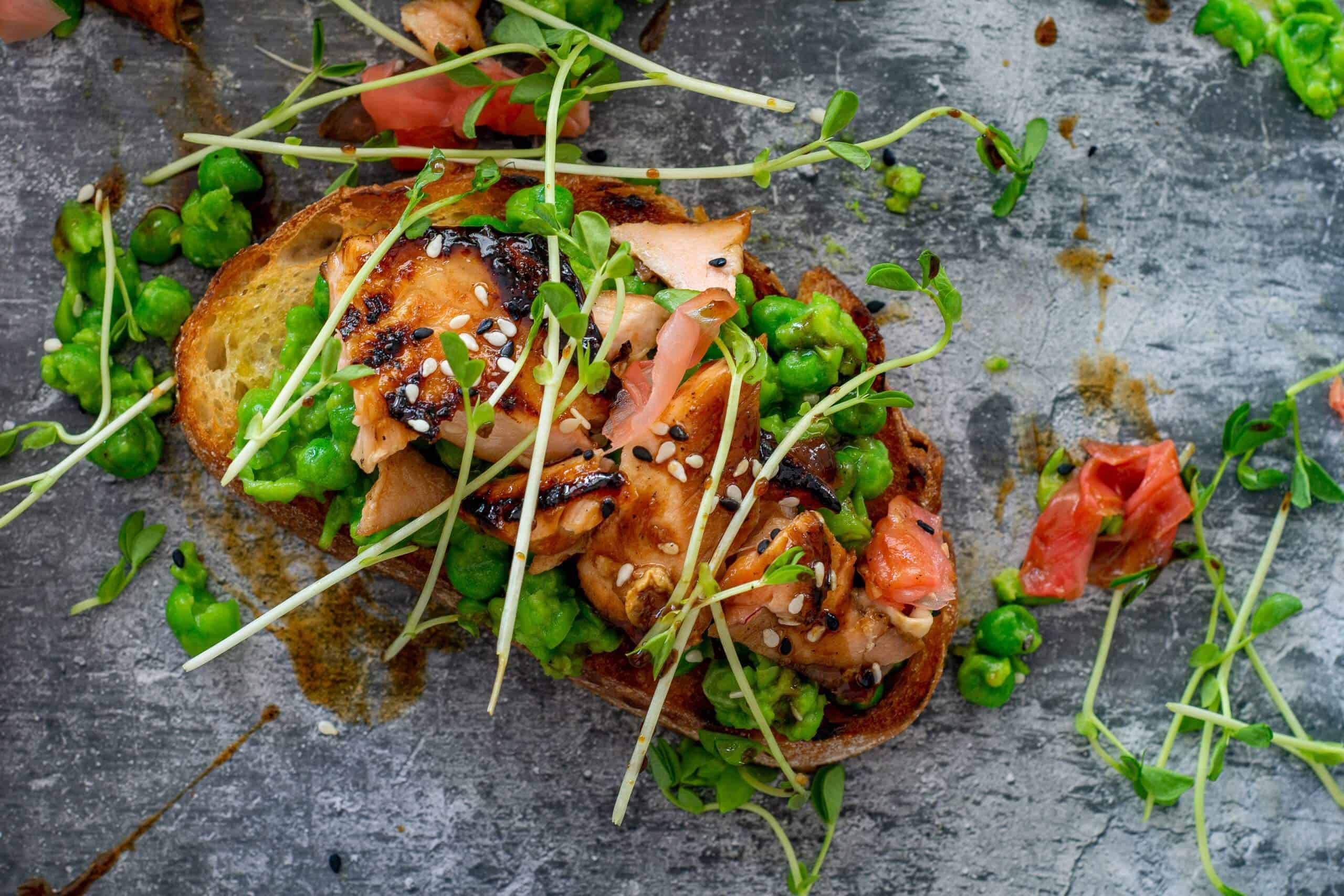 Pan-Fried Teriyaki Salmon Toast from a birdseye view