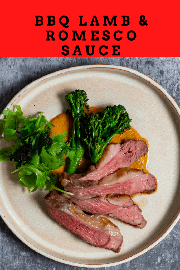 BBQ lamb, romesco sauce & charred broccolini on a plate