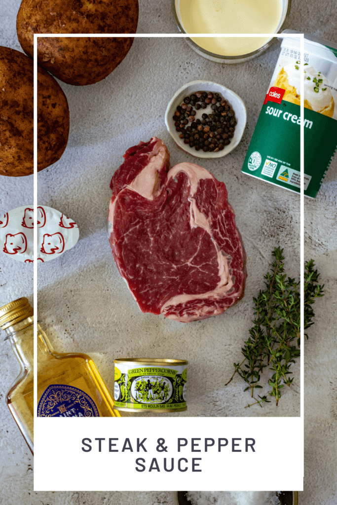 pepper sauce ingredients and a steak on a board