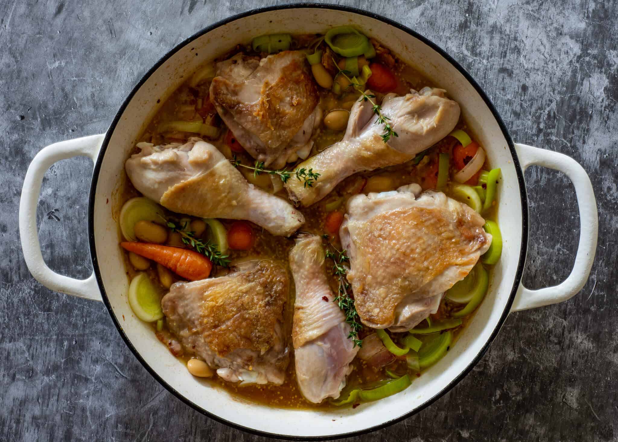 Chicken & vegetables in shallow casserole dish