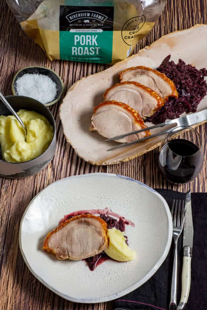 riverview farms pork, red cabbage, mashed potatoes & glass of wine
