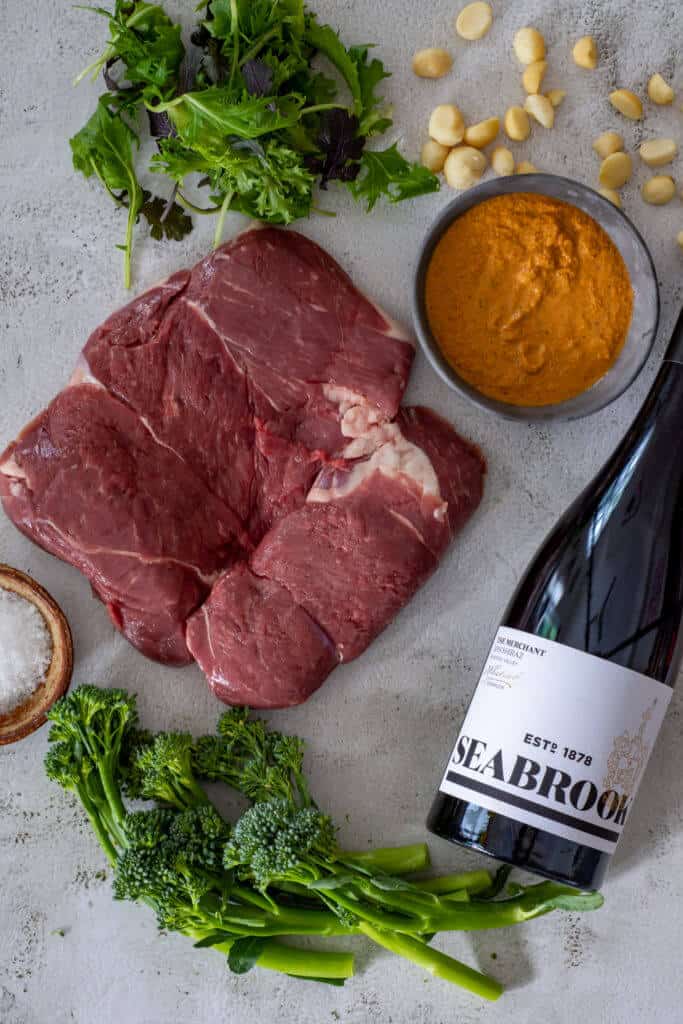 Butterflied lamb, romesco sauce, broccolini & seabrook wines shiraz