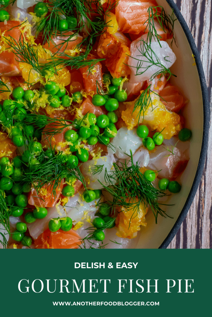 Raw fish, peas & dill in a pan for fish pie