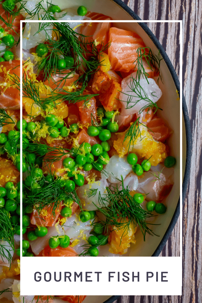 Raw fish, peas & dill in a pan for fish pie