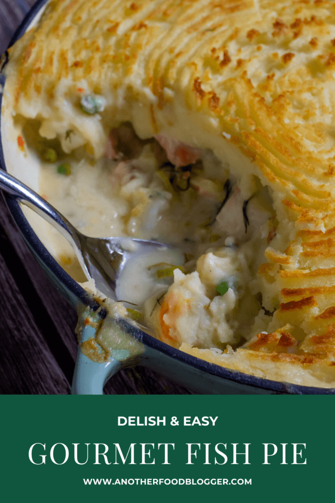 cooked fish pie on wooden board