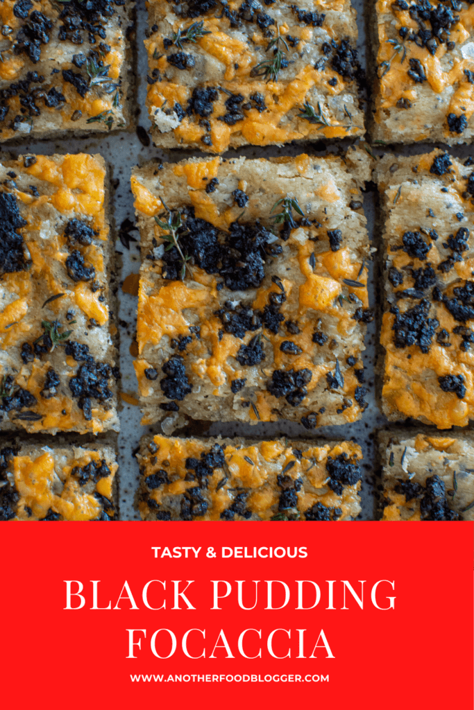 Slices of black pudding and cheddar cheese focaccia