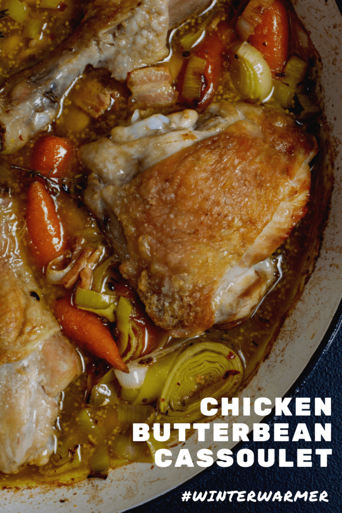 close up of chicken thigh in a chicken cassoulet