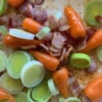 bacon & vegetables cooking in frying pan