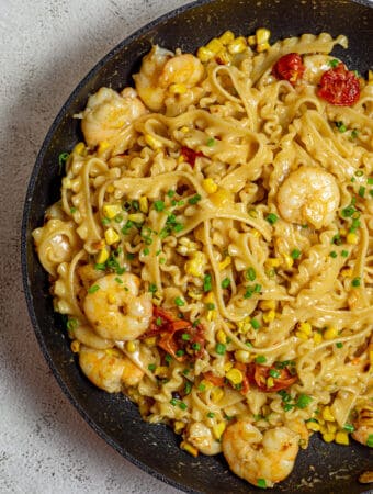 brown butter prawn pasta in frying pan