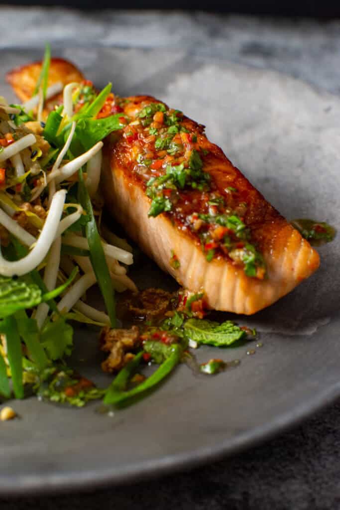 crispy salmon fillet, nam prik dressing & beansrout salad