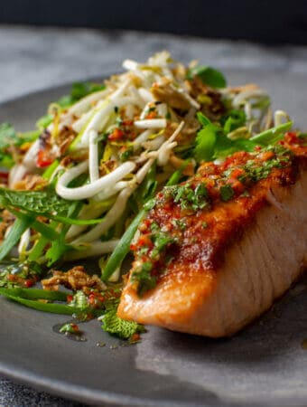 crispy salmon fillet, nam prik dressing & beansrout salad