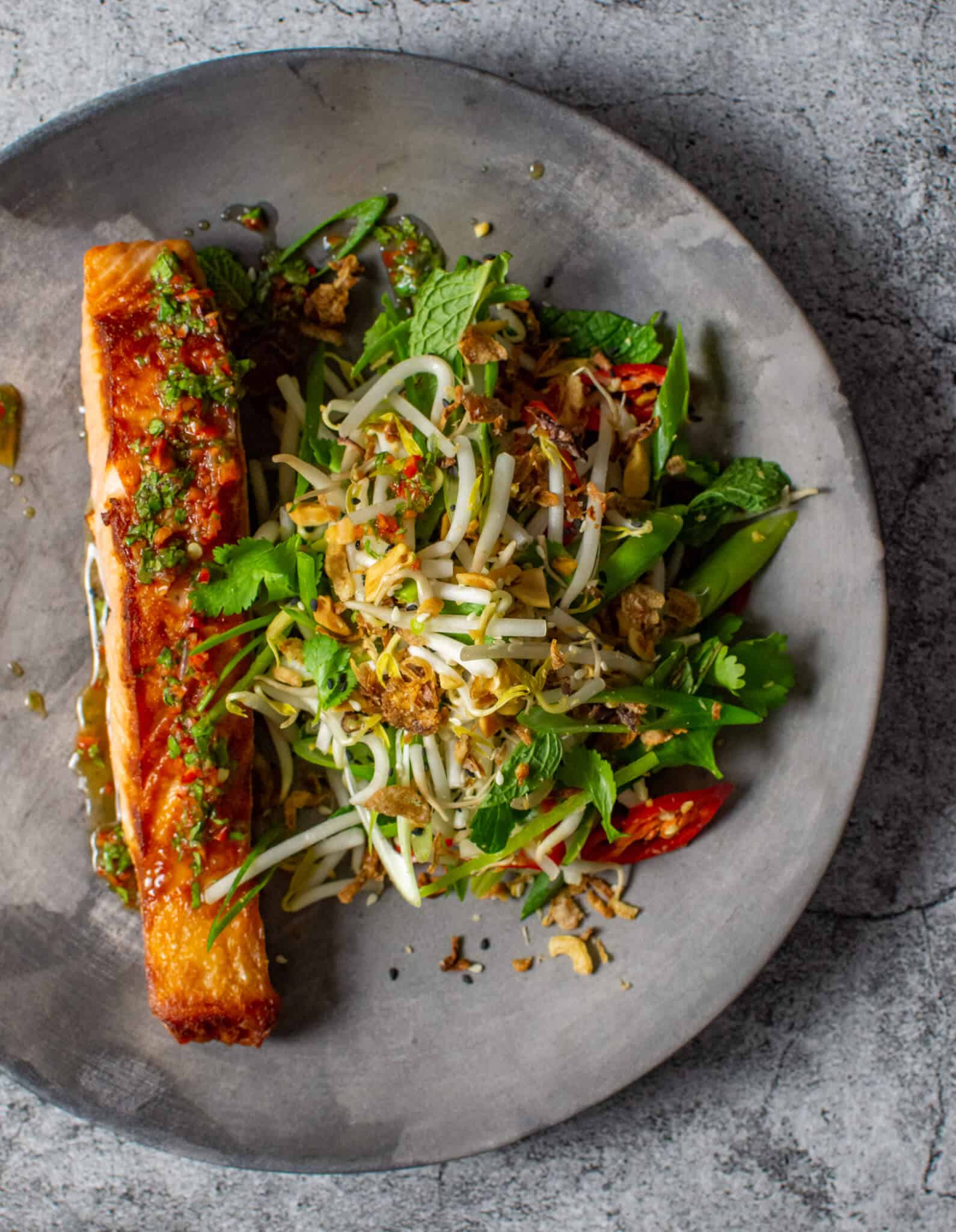 crispy salmon fillet, nam prik dressing & beansrout salad