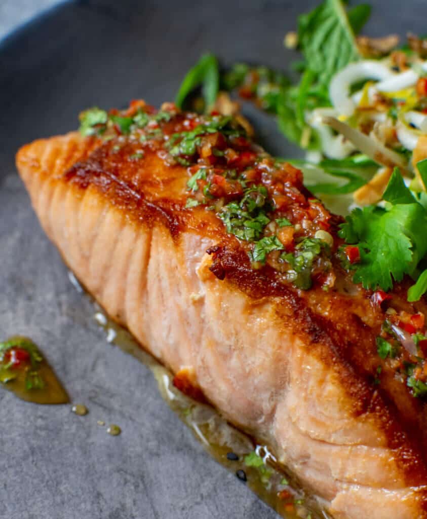 perfectly seared salmon with nam prik dressing