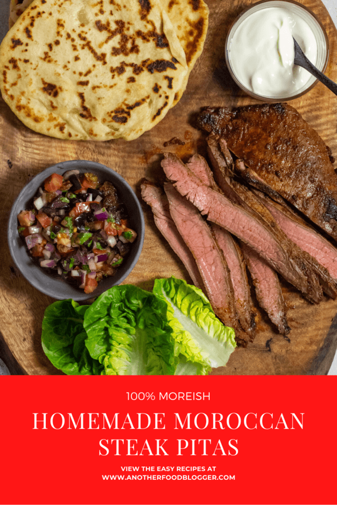 homemade pita bread, skirt steak, lettuce & salsa on wooden board