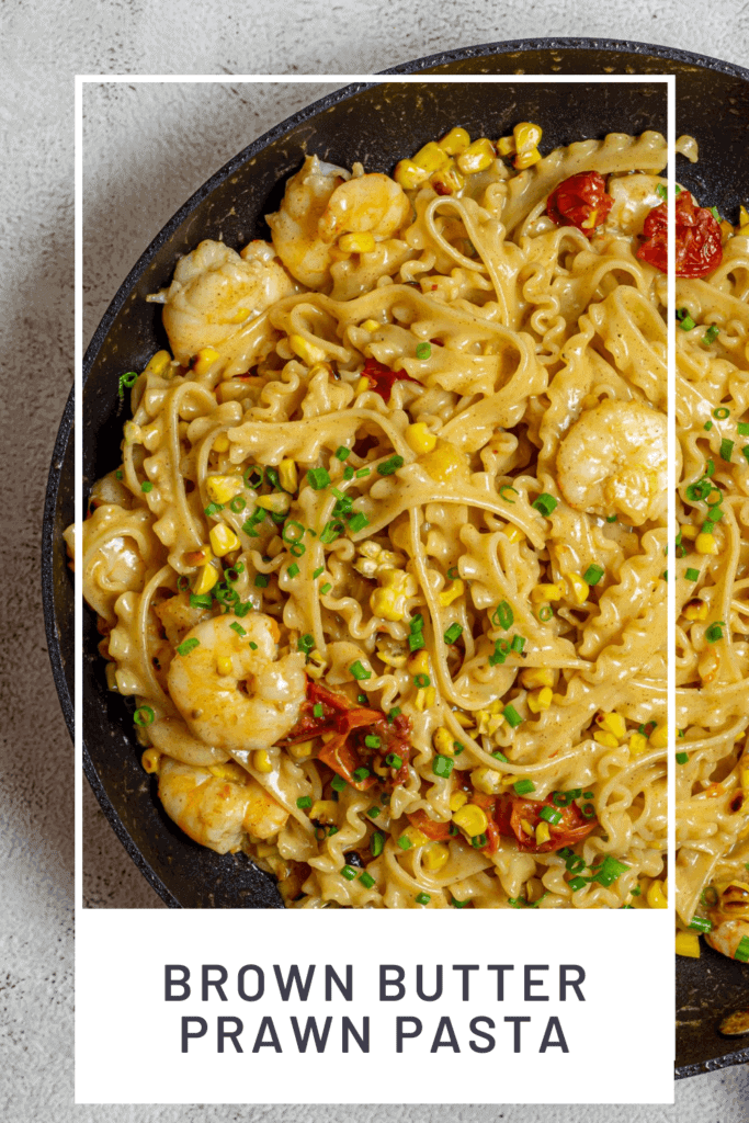 brown butter prawn pasta in frying pan
