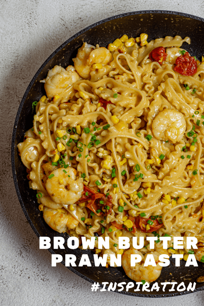 brown butter prawn pasta in frying pan