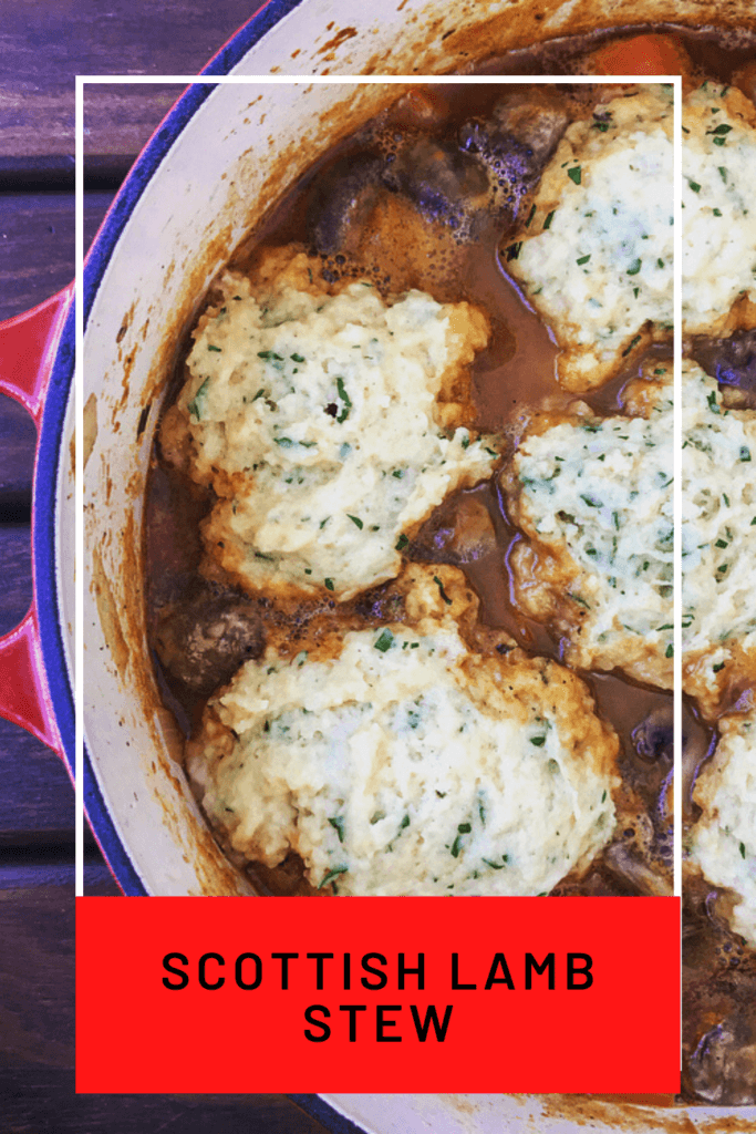 Lamb stew, dumplings in a chasseur pot