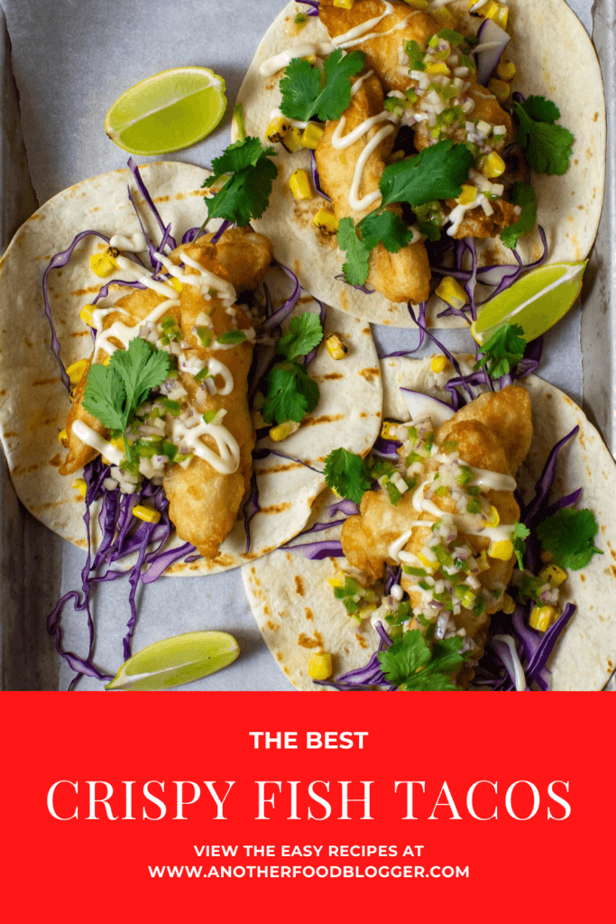 birdseye view of 3 crispy fish tacos on a tray