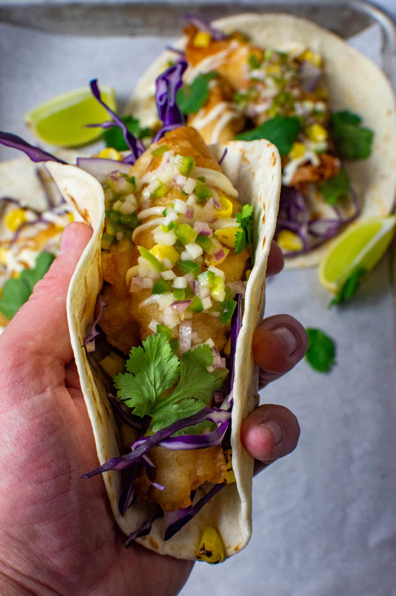 someone holding a crispy fish taco