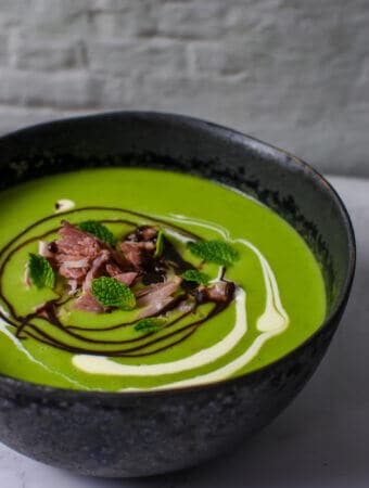 A bowl of pea & ham soup on kitchen countertop