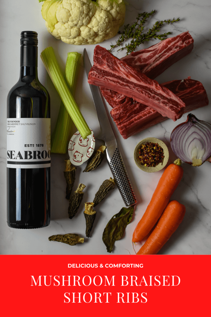 seabrook cabernet sauvignon, short ribs and vegetables on kitchen counter top