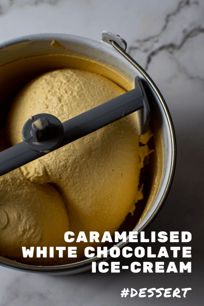 Caramelised White Chocolate Ice-Cream on kitchen counter top