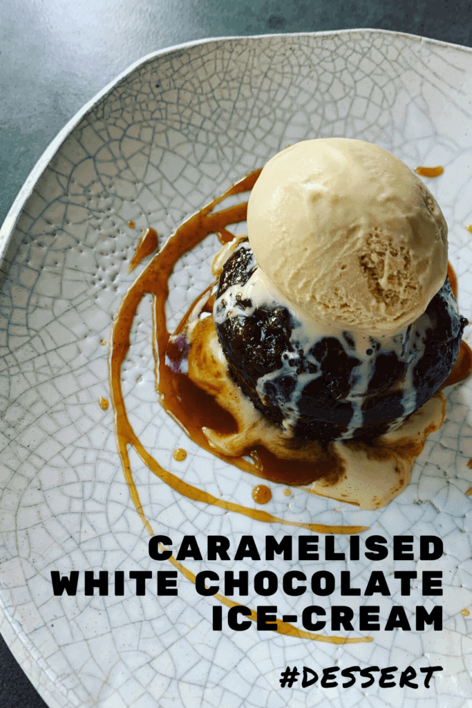 sticky toffee pudding, caramel sauce and caramelised white chocolate ice-cream