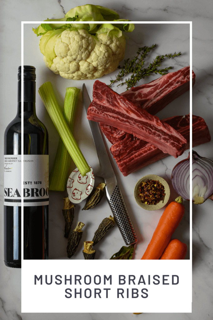 seabrook cabernet sauvignon, short ribs and vegetables on kitchen counter top