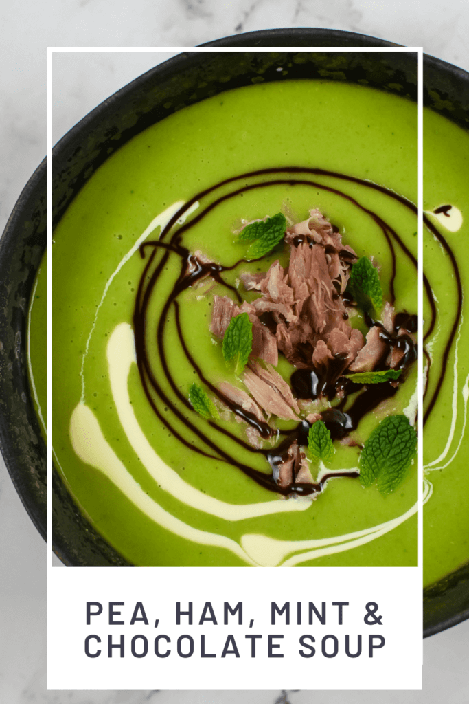 A bowl of pea & ham soup on kitchen countertop