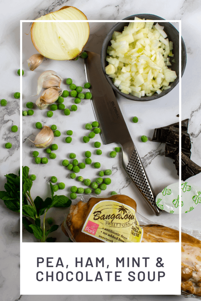 ingredients for pea & ham soup on kitchen countertop