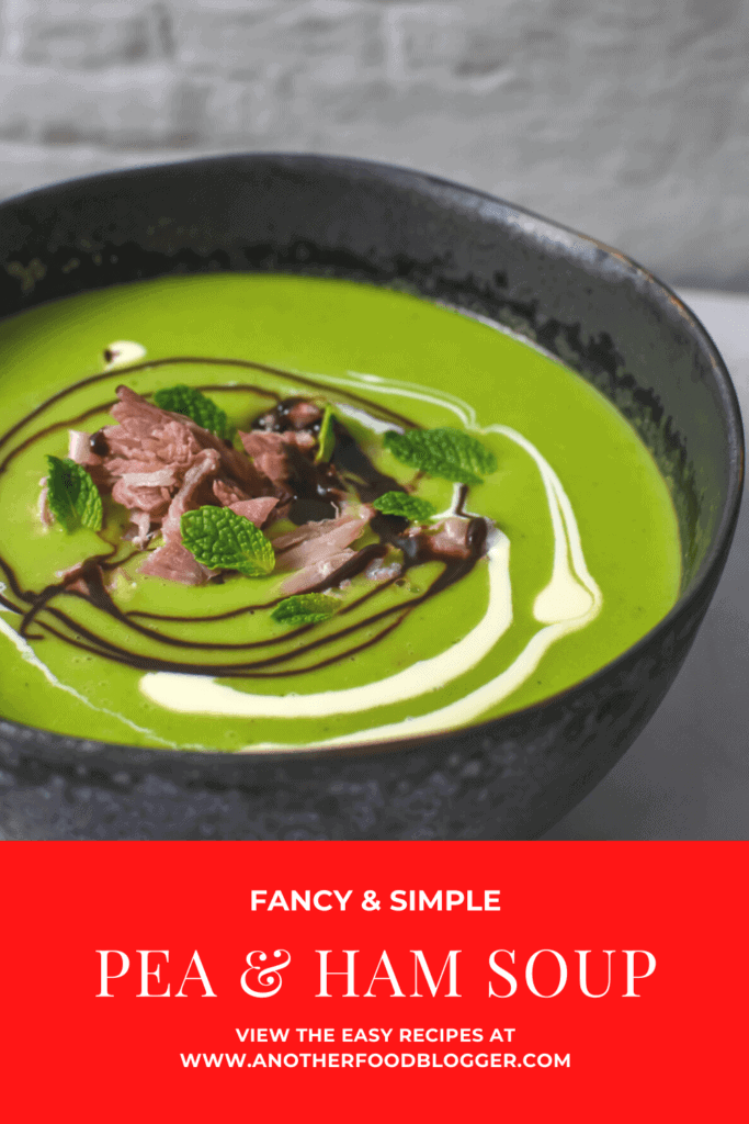 A bowl of pea & ham soup on kitchen countertop