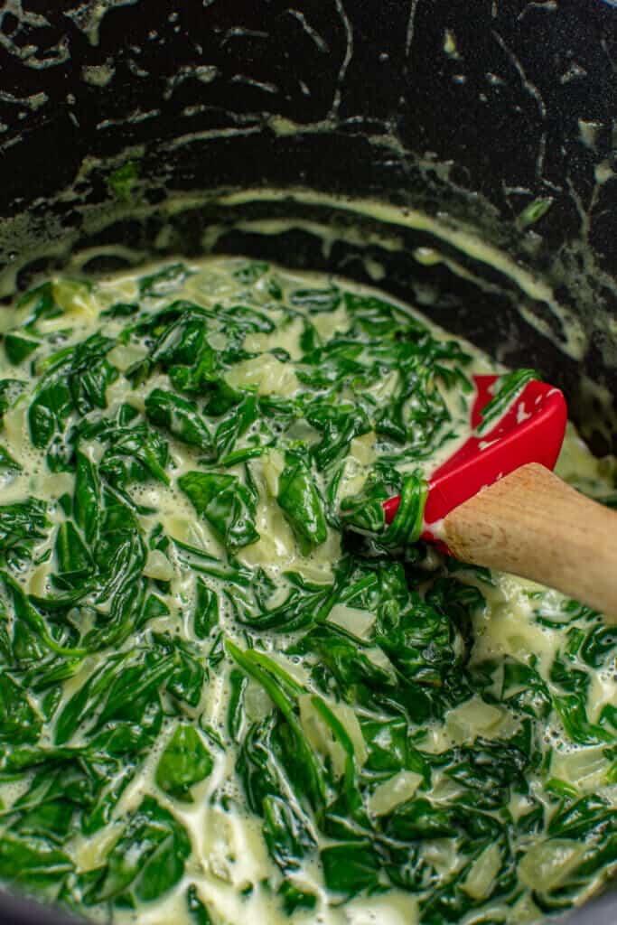 creamed spinach in a scanpan saucepan