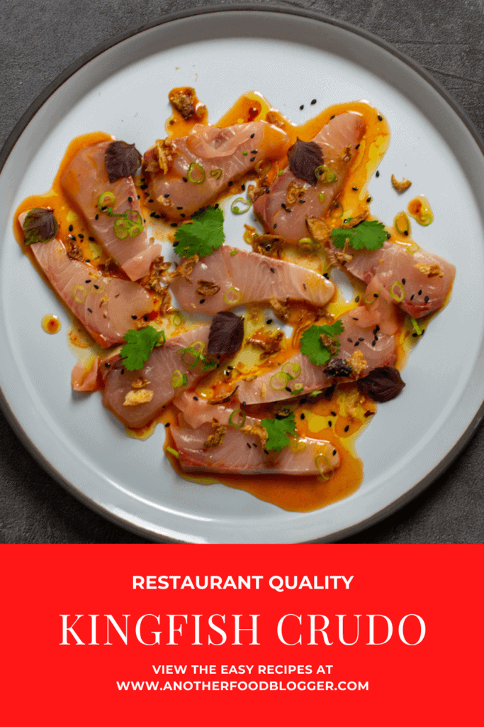 beautiful kingfish crudo on a CB2 plate