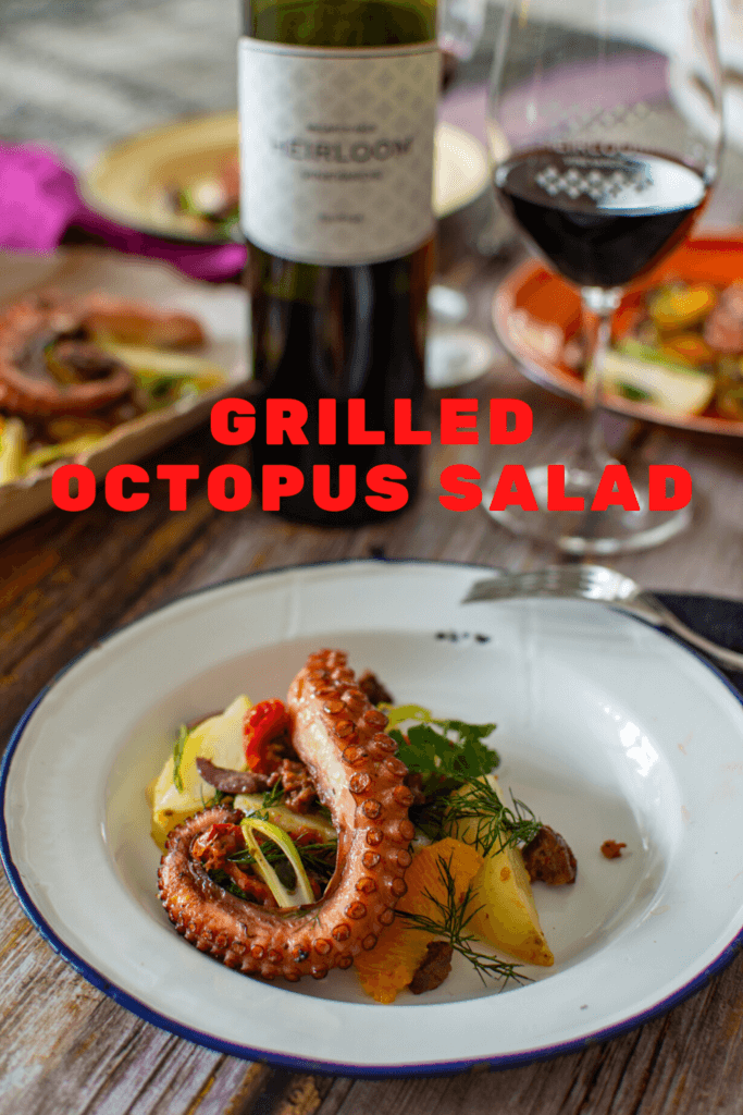 heirloom touriga wine, wine glass, grilled octopus salad and food in background on a picnic rug