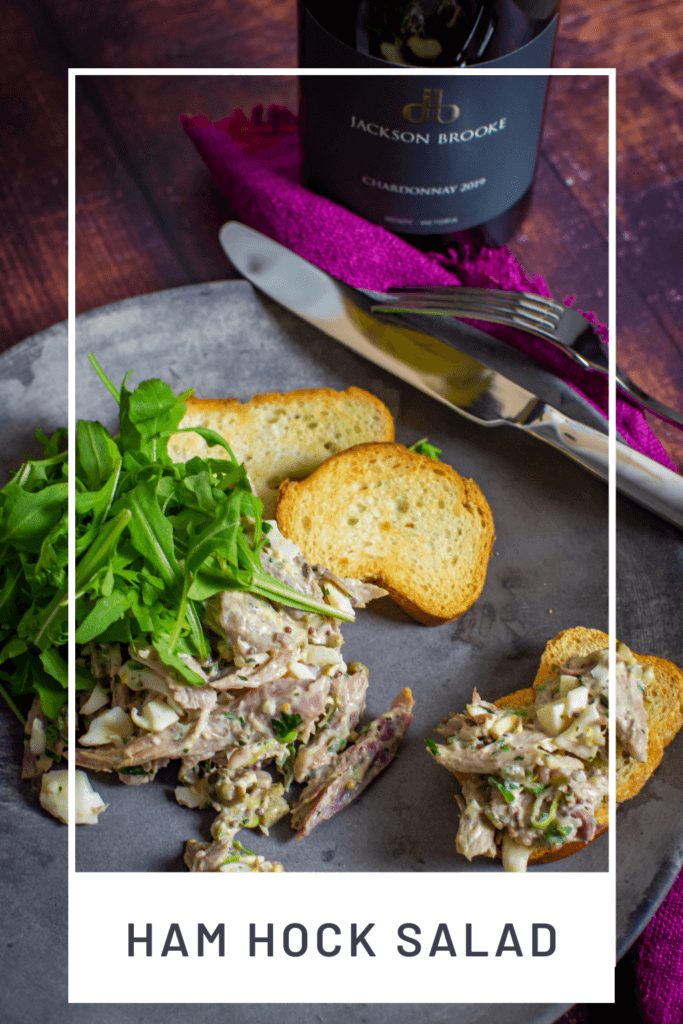 braised ham hock salad on a made of australia plate with jackson brooke chardonnay