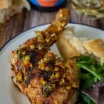 Mont wines, bbq spatchcock chicken & bread on a picnic table