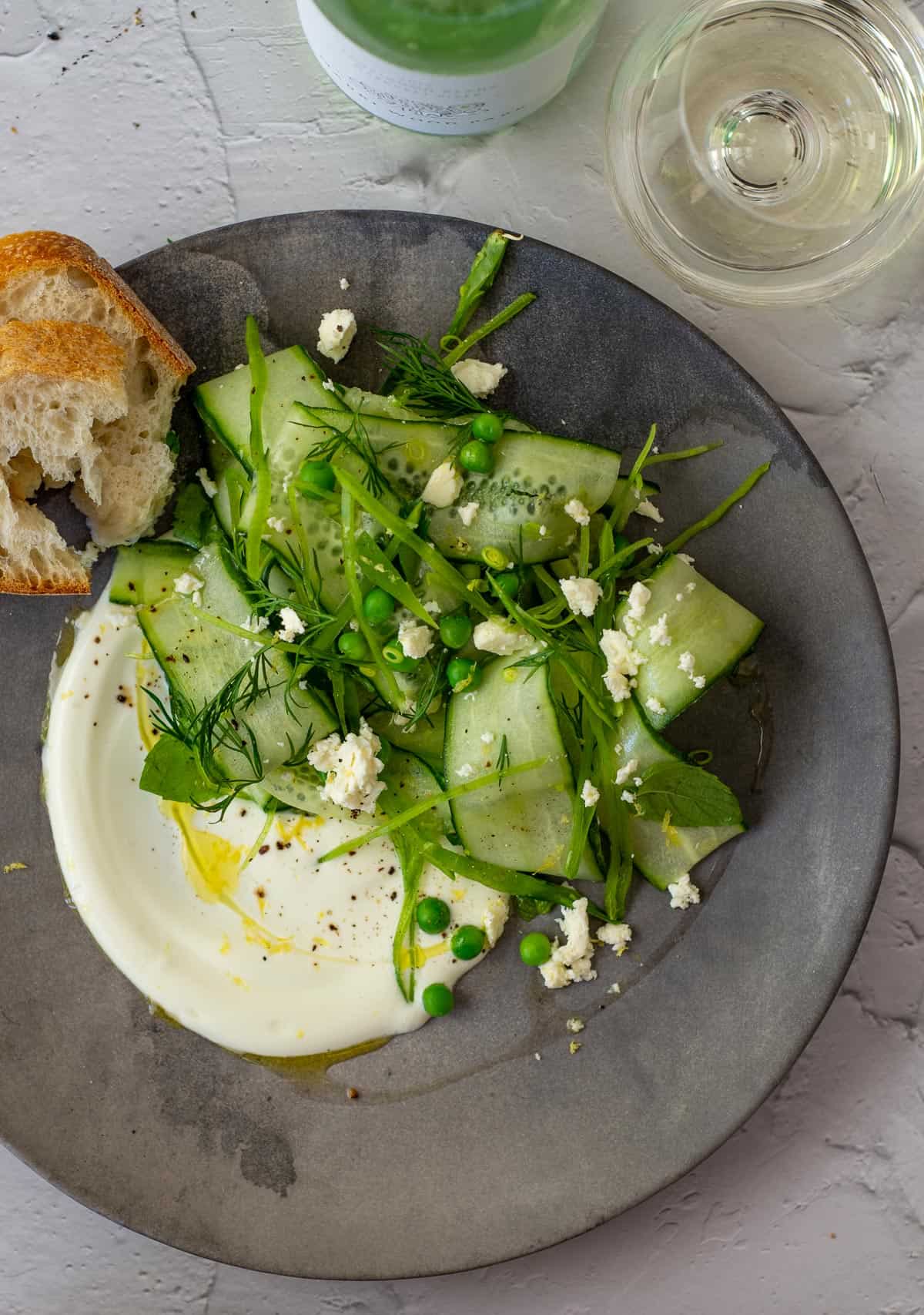 English pea salad & sourdough bread on a made of australia plate