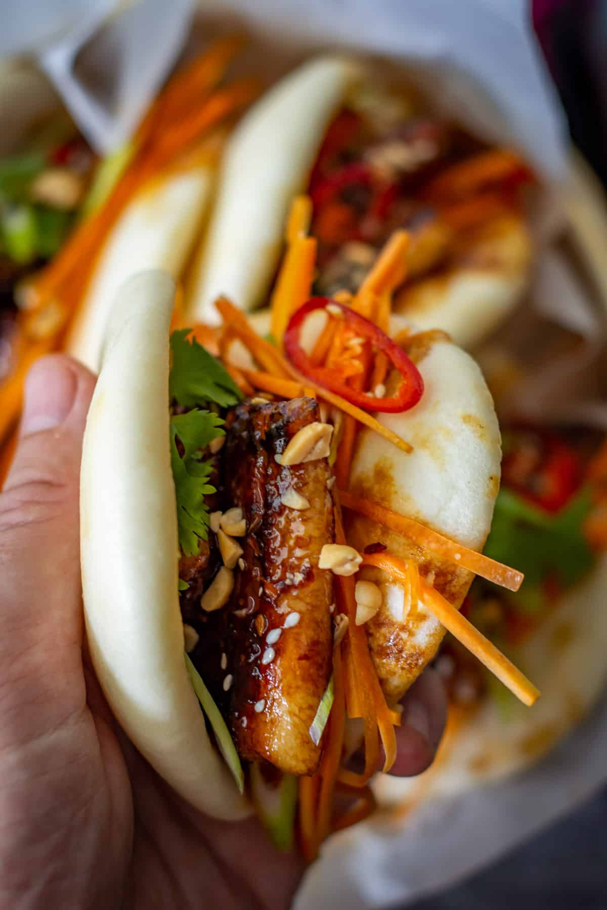 someone holding a pork bao